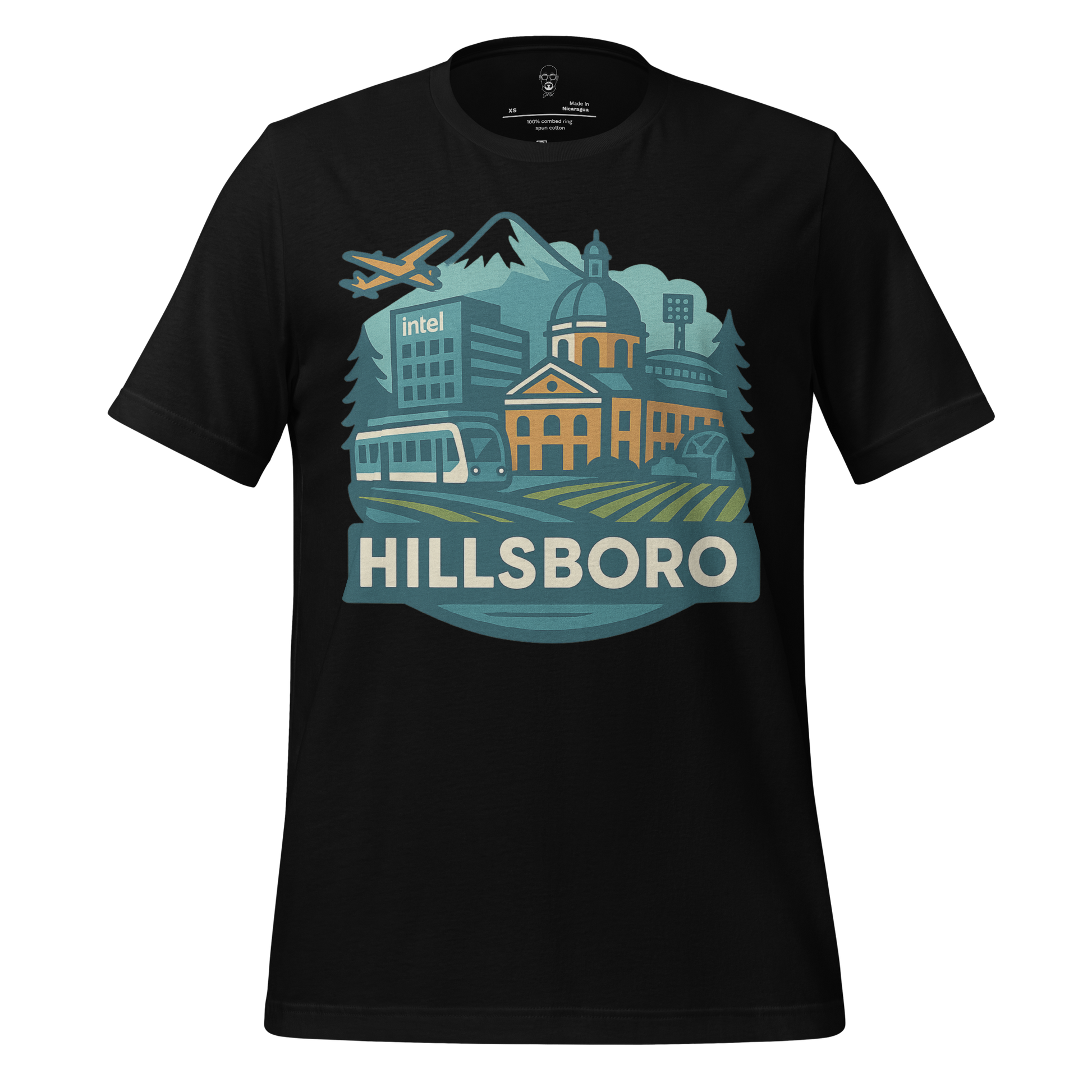 JMK Drip Hillsboro Graphic T-Shirt featuring city landmarks with airplane and train on black fabric