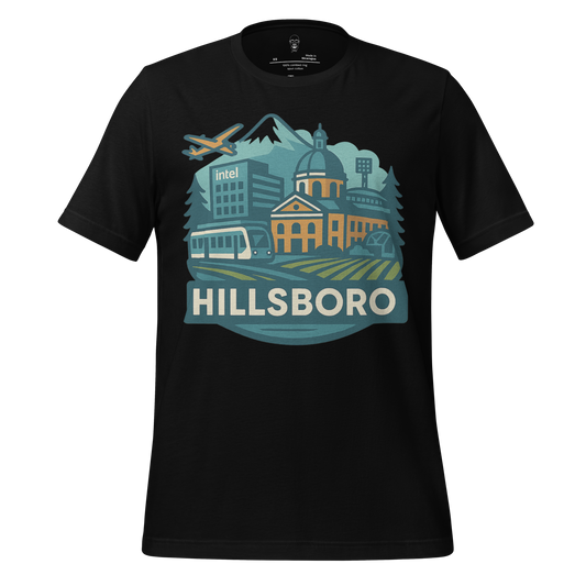 JMK Drip Hillsboro Graphic T-Shirt featuring city landmarks with airplane and train on black fabric