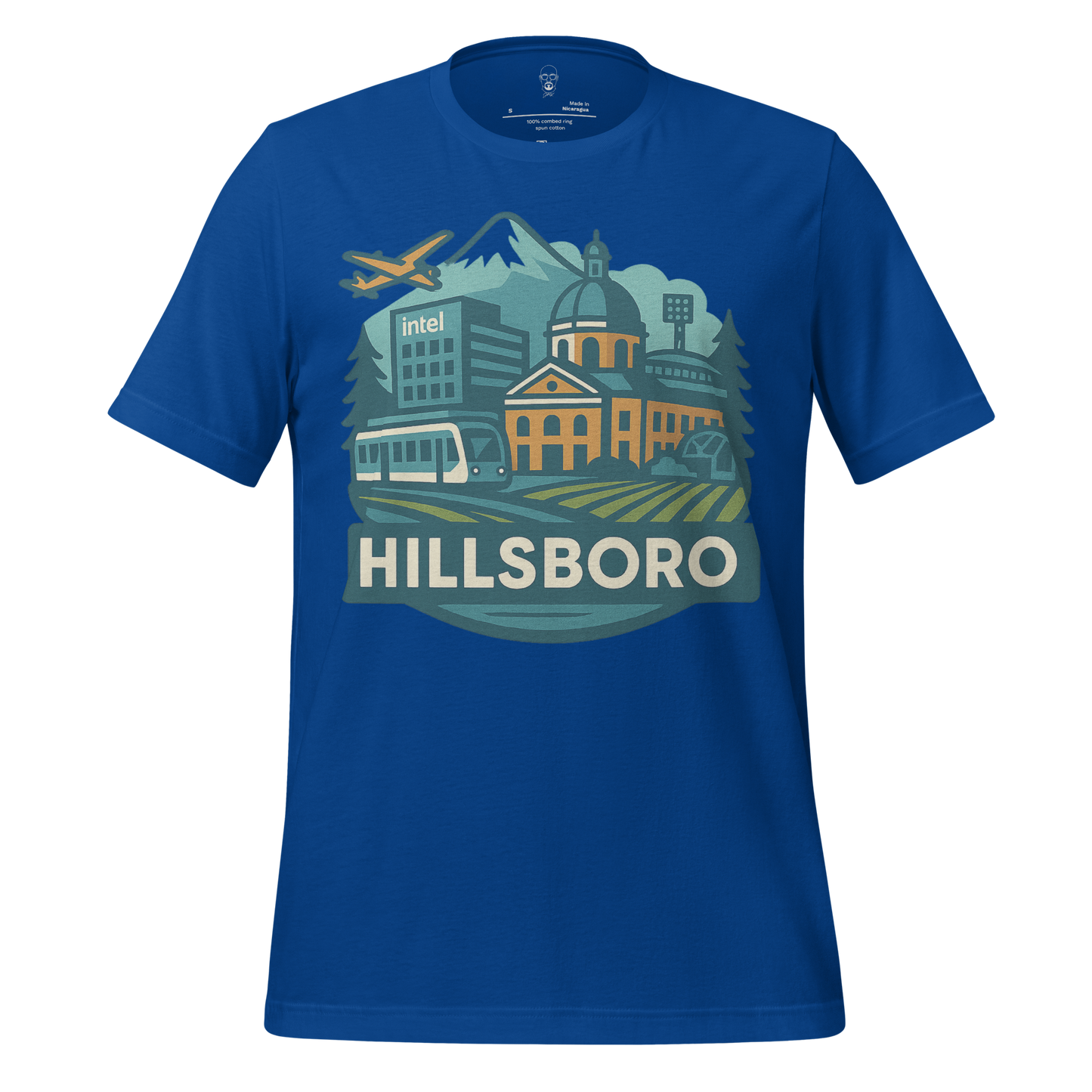 JMK Drip blue Hillsboro Graphic T-Shirt featuring cityscape with buildings, tram, airplane, and mountains