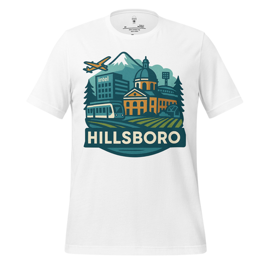 White Hillsboro Graphic T Shirt featuring cityscape with Intel building, mountain, and airplane design