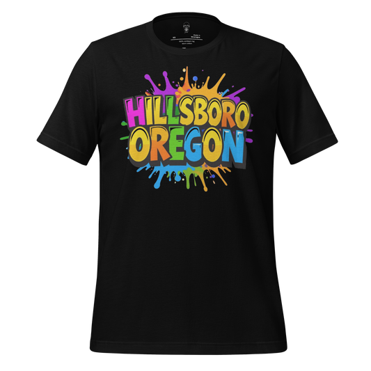 Black Hillsboro Oregon t-shirt with colorful paint splash graphic and bold lettering by JMK Drip