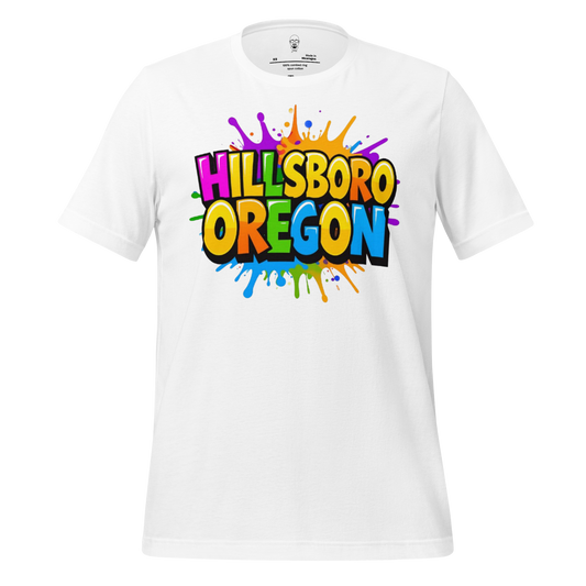 JMK Drip white Hillsboro Oregon t-shirt with colorful graffiti style text design