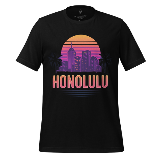 JMK Drip Honolulu Graphic T-Shirt with purple city skyline and sunset design on black fabric