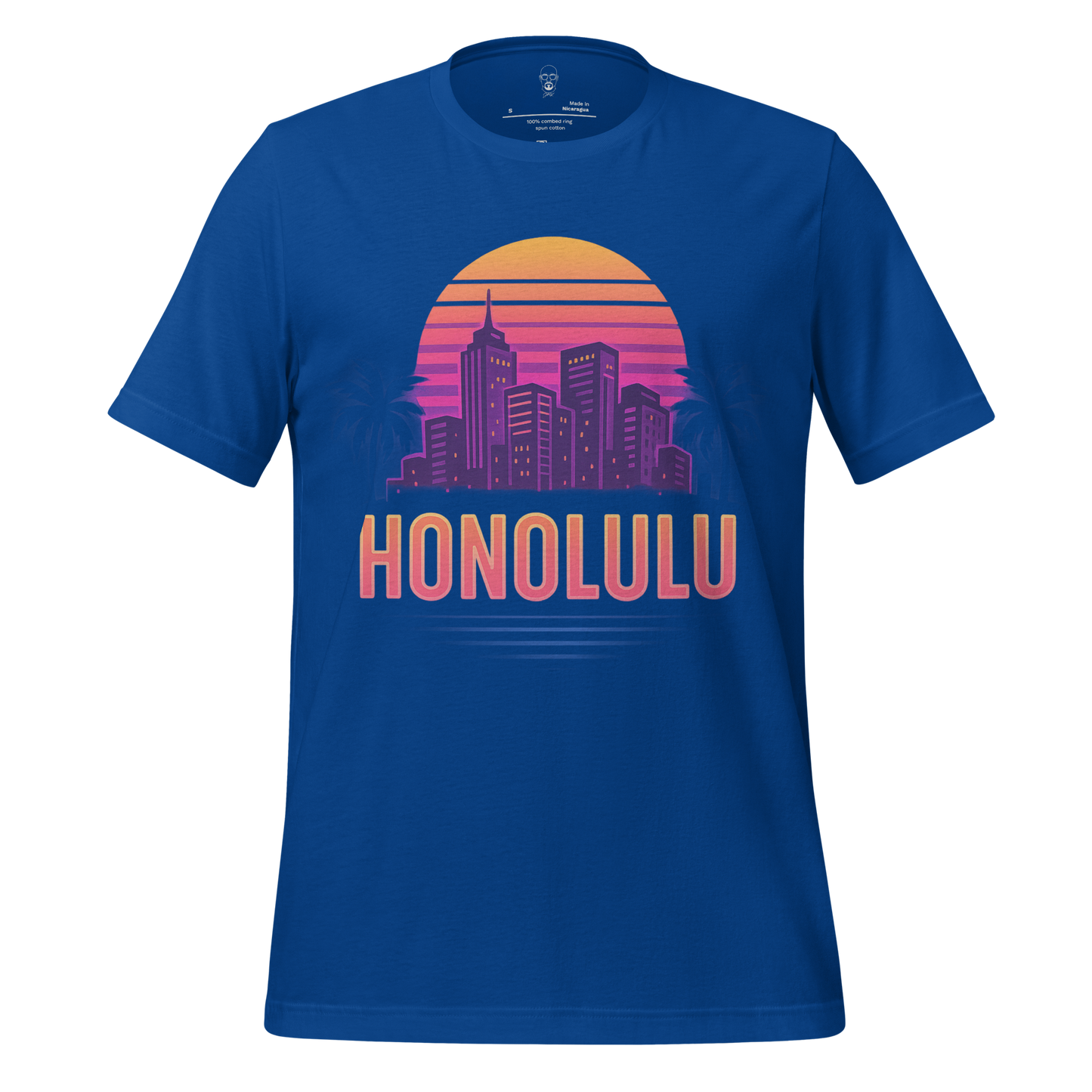 Blue Honolulu Graphic T-Shirt by JMK Drip featuring a sunset city skyline design