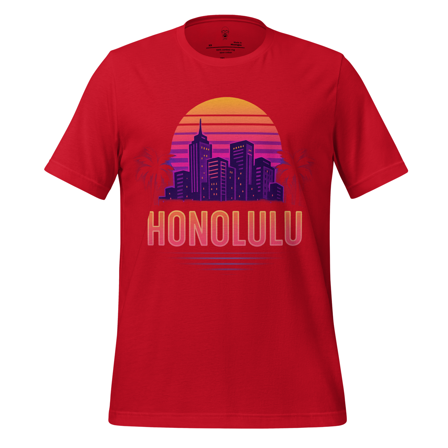 Red Honolulu Graphic T-Shirt with city skyline and sunset design by JMK Drip