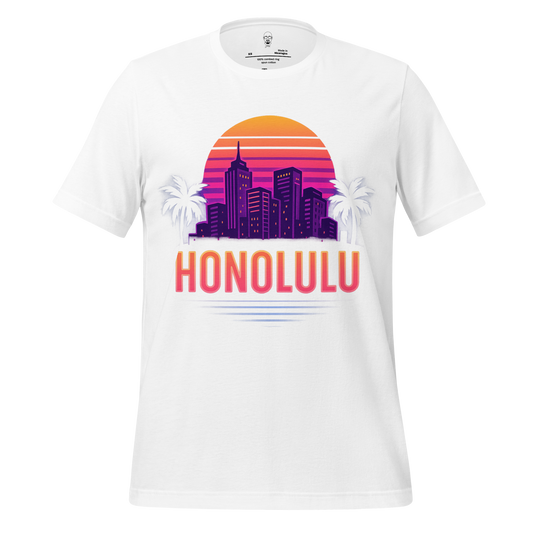 White Honolulu Graphic T-Shirt with vibrant city skyline and palm trees design by JMK Drip