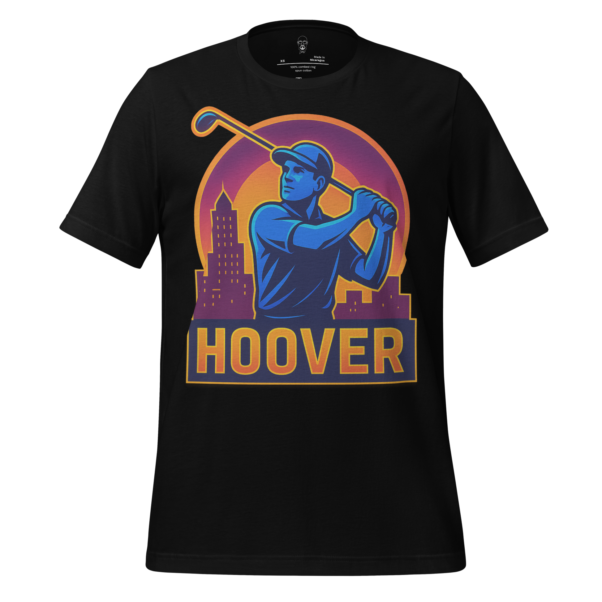 JMK Drip black Hoover Graphic T-Shirt with colorful golf player and city skyline design