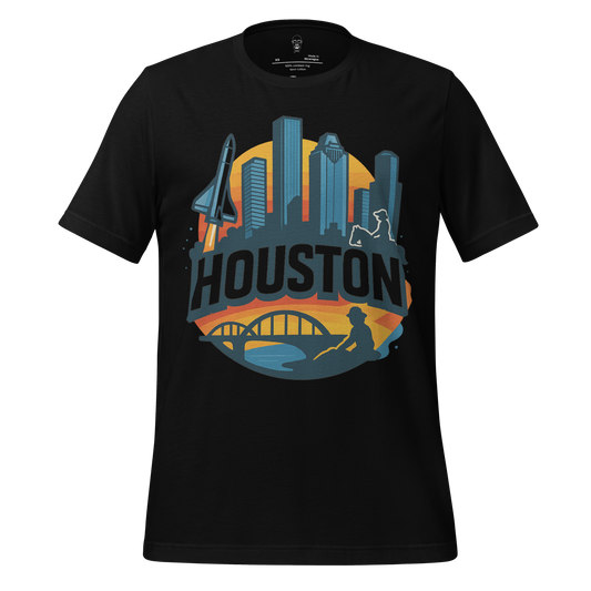JMK Drip Houston graphic t-shirt featuring city skyline, space shuttle, bridge, and fishing silhouette on black