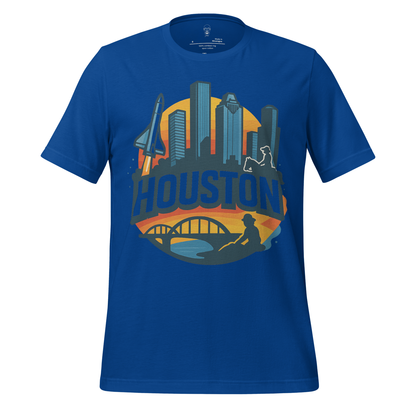 Blue Houston graphic t-shirt by JMK Drip featuring city skyline, space shuttle, and bridge design