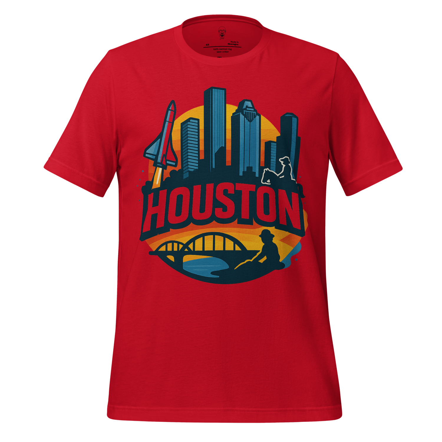 Red Houston graphic t-shirt by JMK Drip featuring city skyline space shuttle and bridge design