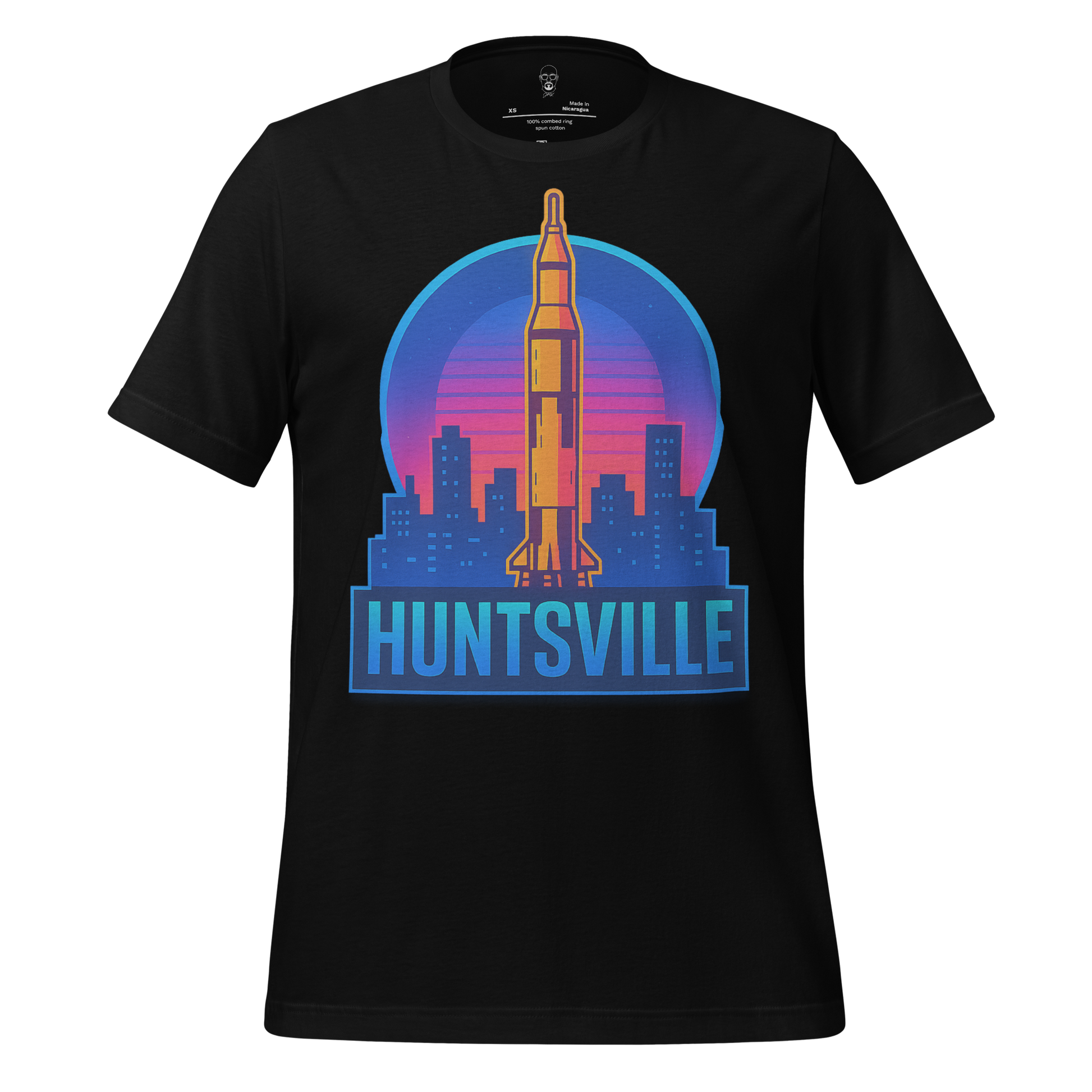 Black Huntsville Graphic T-Shirt with colorful rocket and city skyline design by JMK Drip