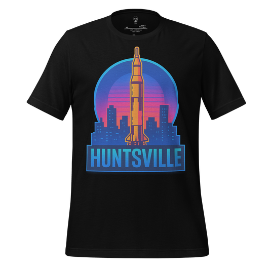 Black Huntsville Graphic T-Shirt with colorful rocket and city skyline design by JMK Drip