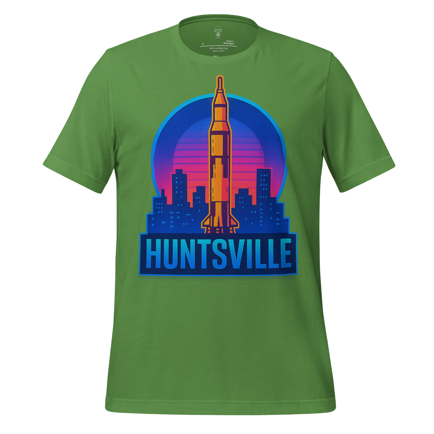 Green Huntsville Graphic T-Shirt with rocket and city skyline design by JMK Drip