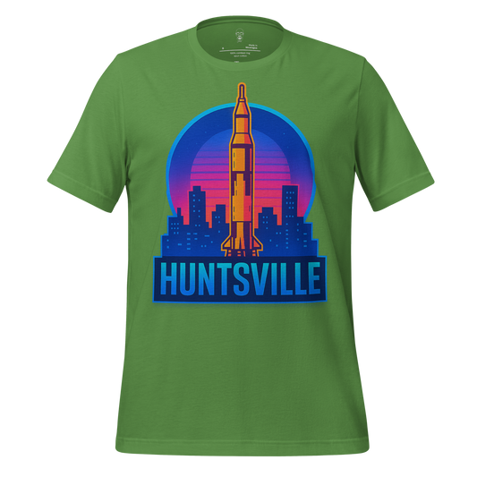 Green Huntsville Graphic T-Shirt with rocket and city skyline design by JMK Drip