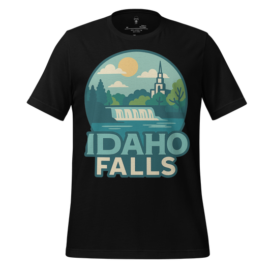 Black Idaho Falls Graphic T-Shirt by JMK Drip featuring scenic waterfall and nature design