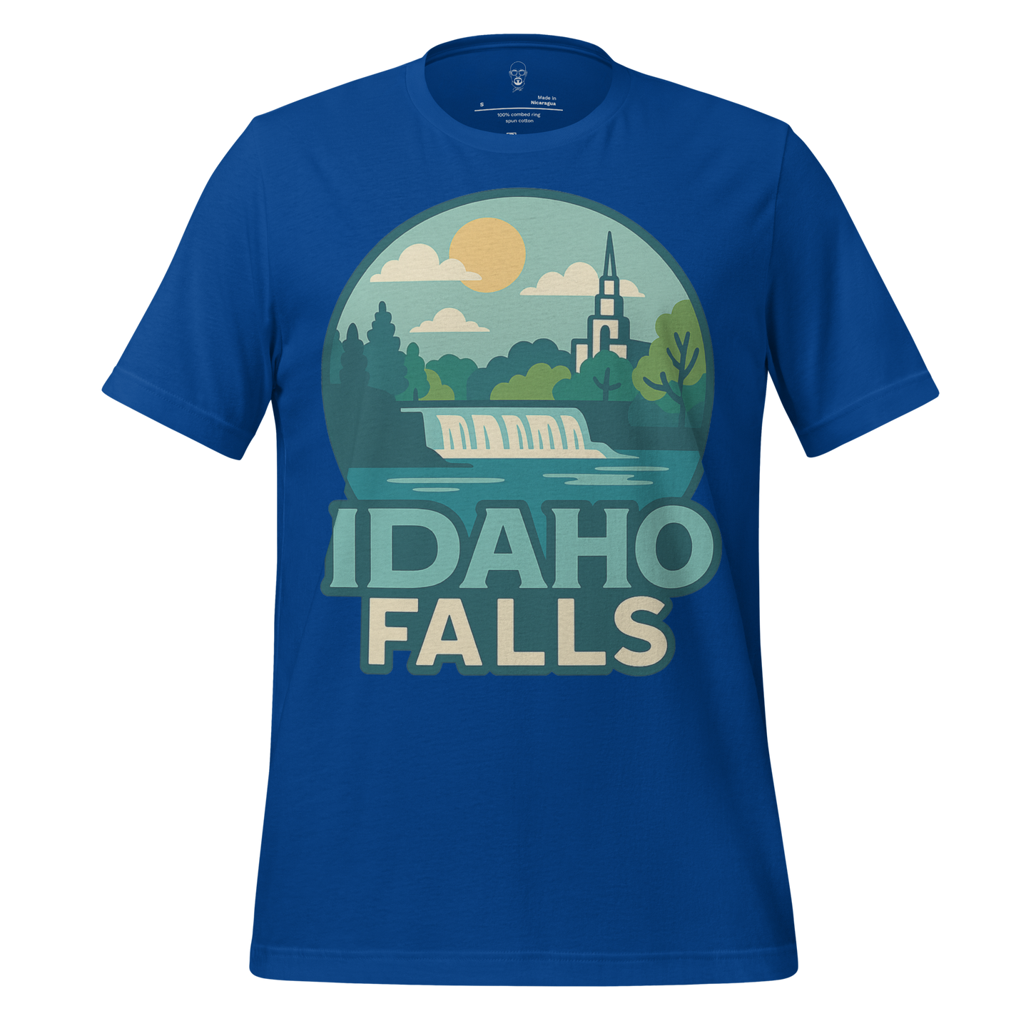 Blue Idaho Falls Graphic T-Shirt by JMK Drip featuring scenic waterfall and church design