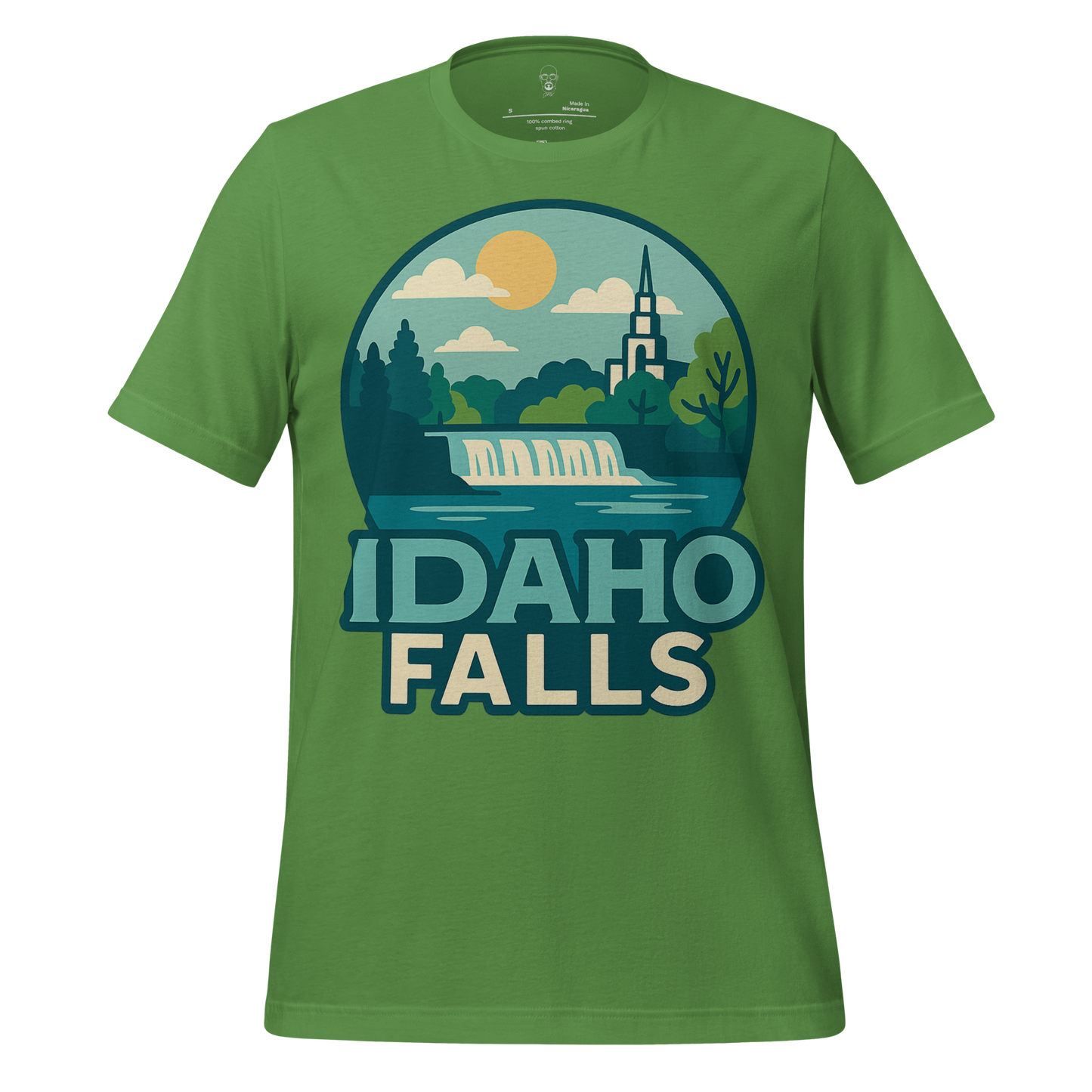 Green Idaho Falls Graphic T-Shirt by JMK Drip featuring scenic waterfall and church design
