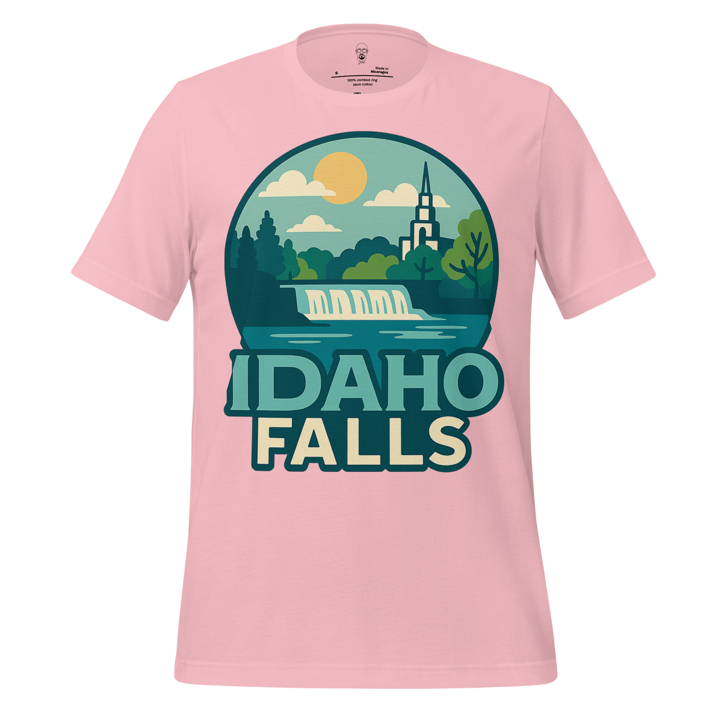 Pink Idaho Falls Graphic T-Shirt by JMK Drip featuring scenic waterfall and sun design