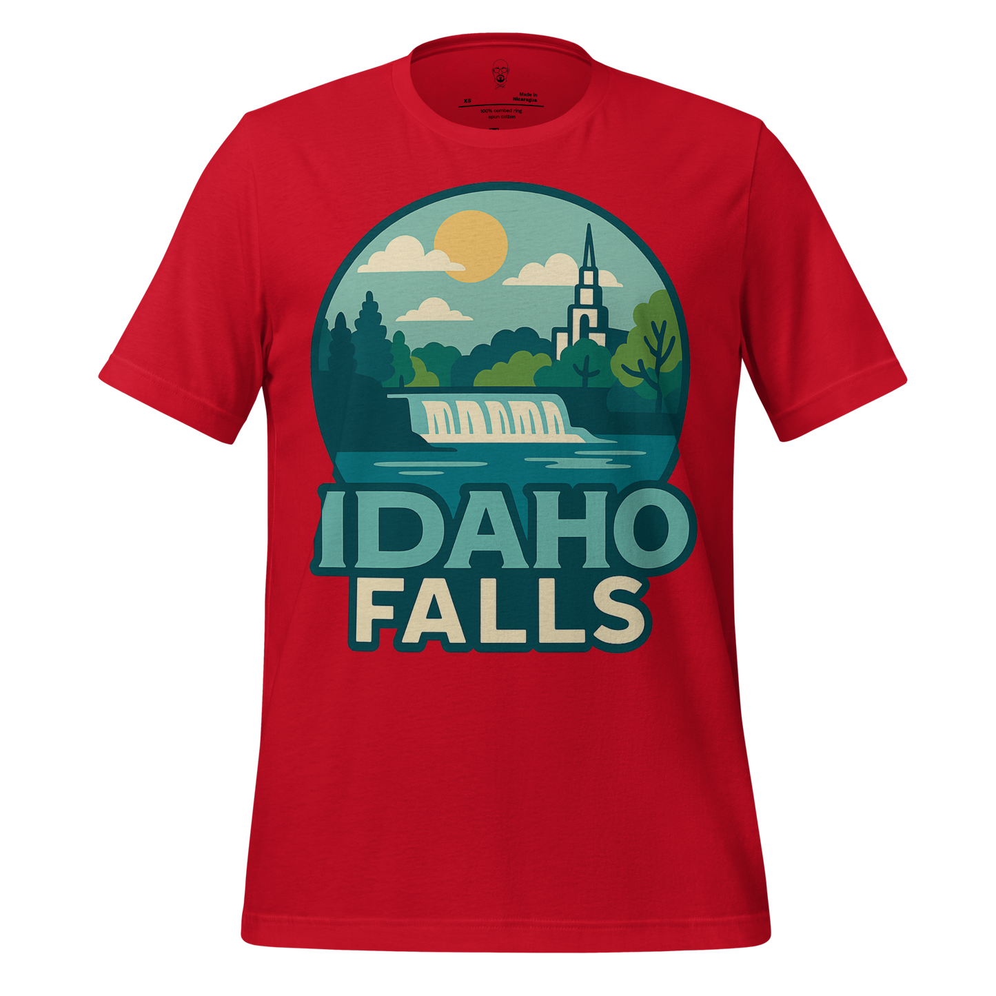 Red Idaho Falls Graphic T-Shirt with waterfall and scenic landscape design by JMK Drip