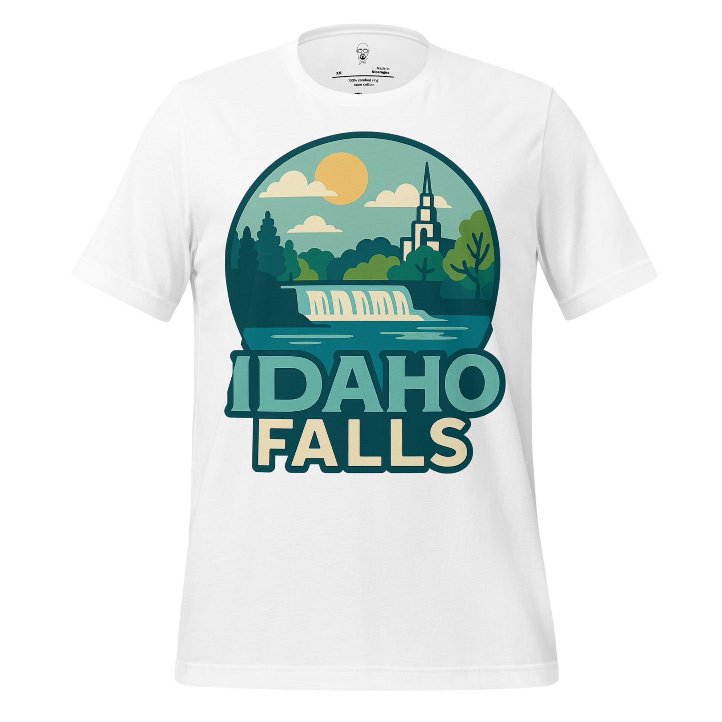 White Idaho Falls Graphic T-Shirt by JMK Drip featuring a scenic waterfall and landscape design