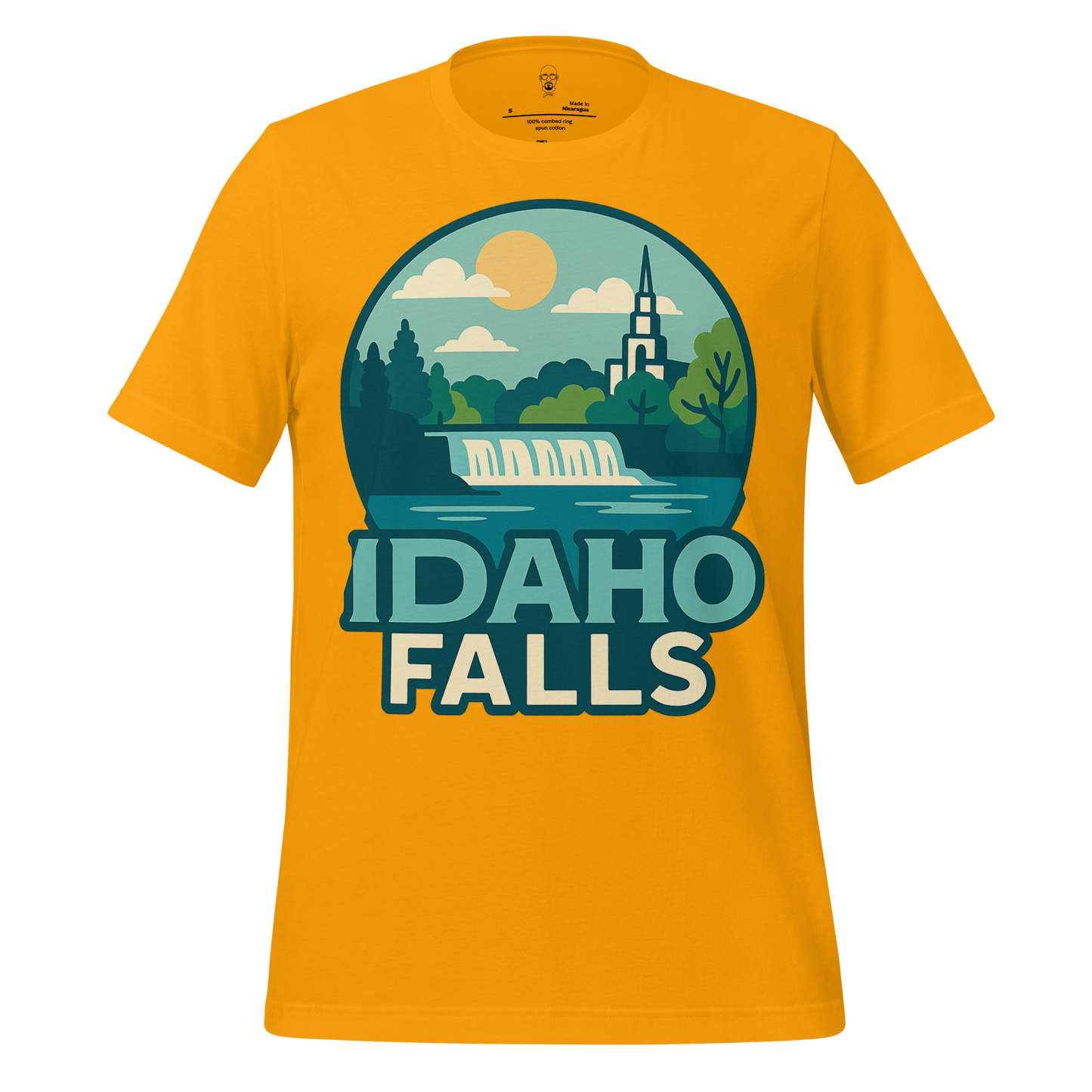 Yellow Idaho Falls Graphic T-Shirt by JMK Drip with waterfall and scenic landscape design