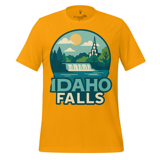 Yellow Idaho Falls Graphic T-Shirt by JMK Drip with waterfall and scenic landscape design