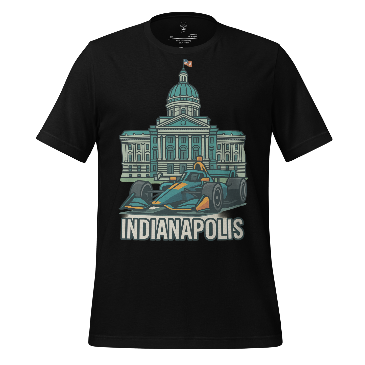 JMK Drip black Indianapolis Graphic T-Shirt with race car and state capitol building illustration