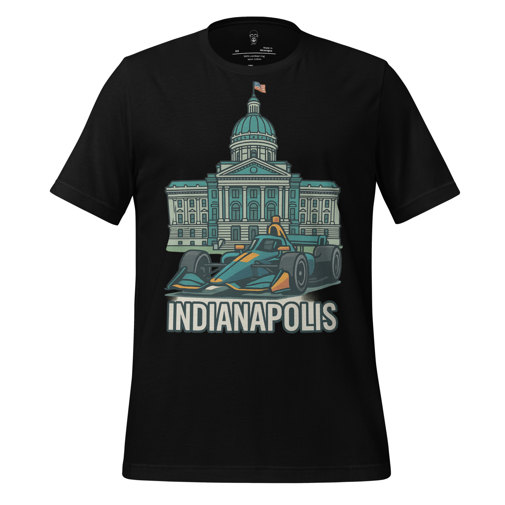 JMK Drip black Indianapolis Graphic T-Shirt with race car and state capitol building illustration