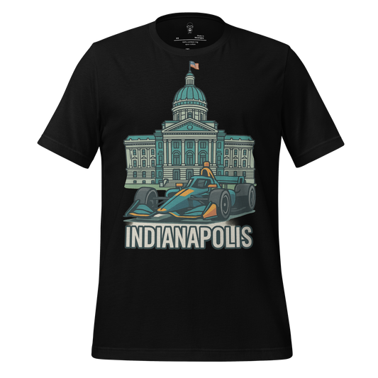 JMK Drip black Indianapolis Graphic T-Shirt with race car and state capitol building illustration