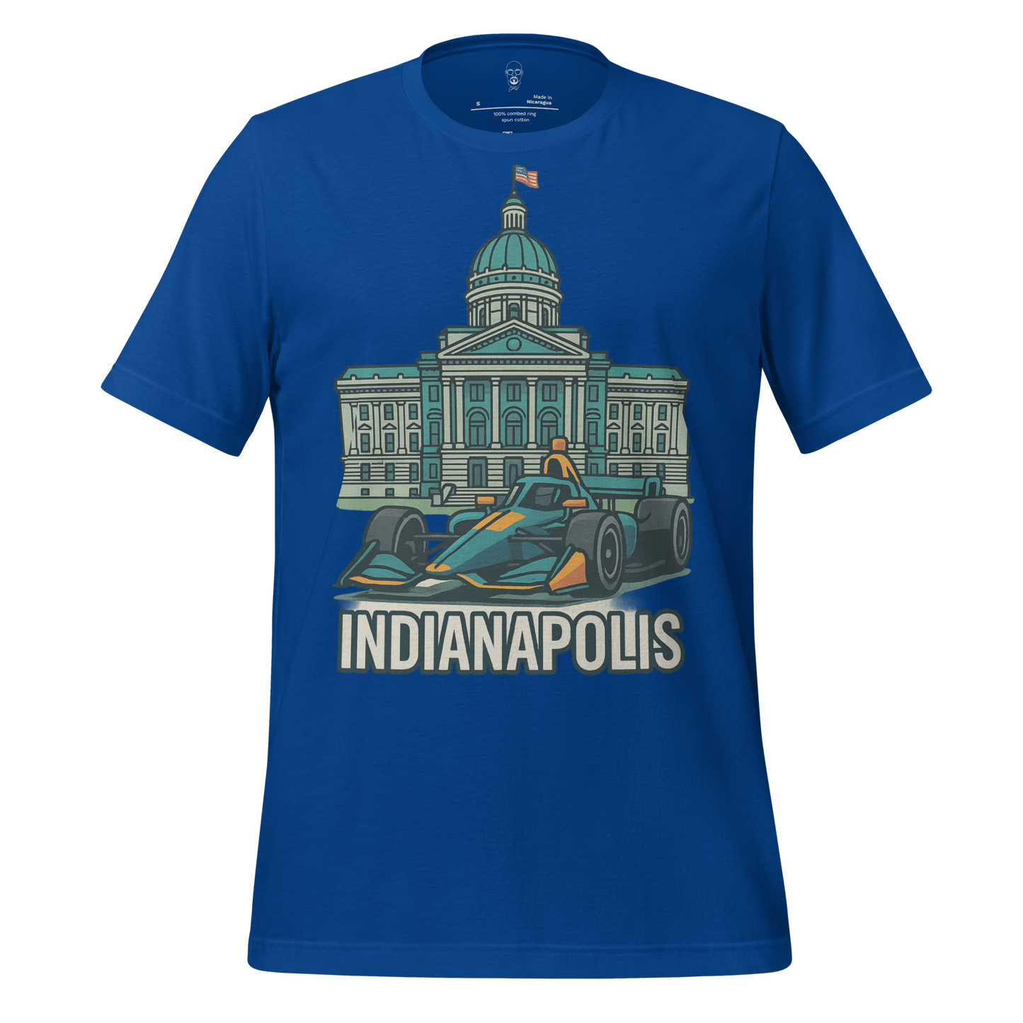 JMK Drip Indianapolis Graphic T-Shirt featuring Indy 500 race car and city building illustration