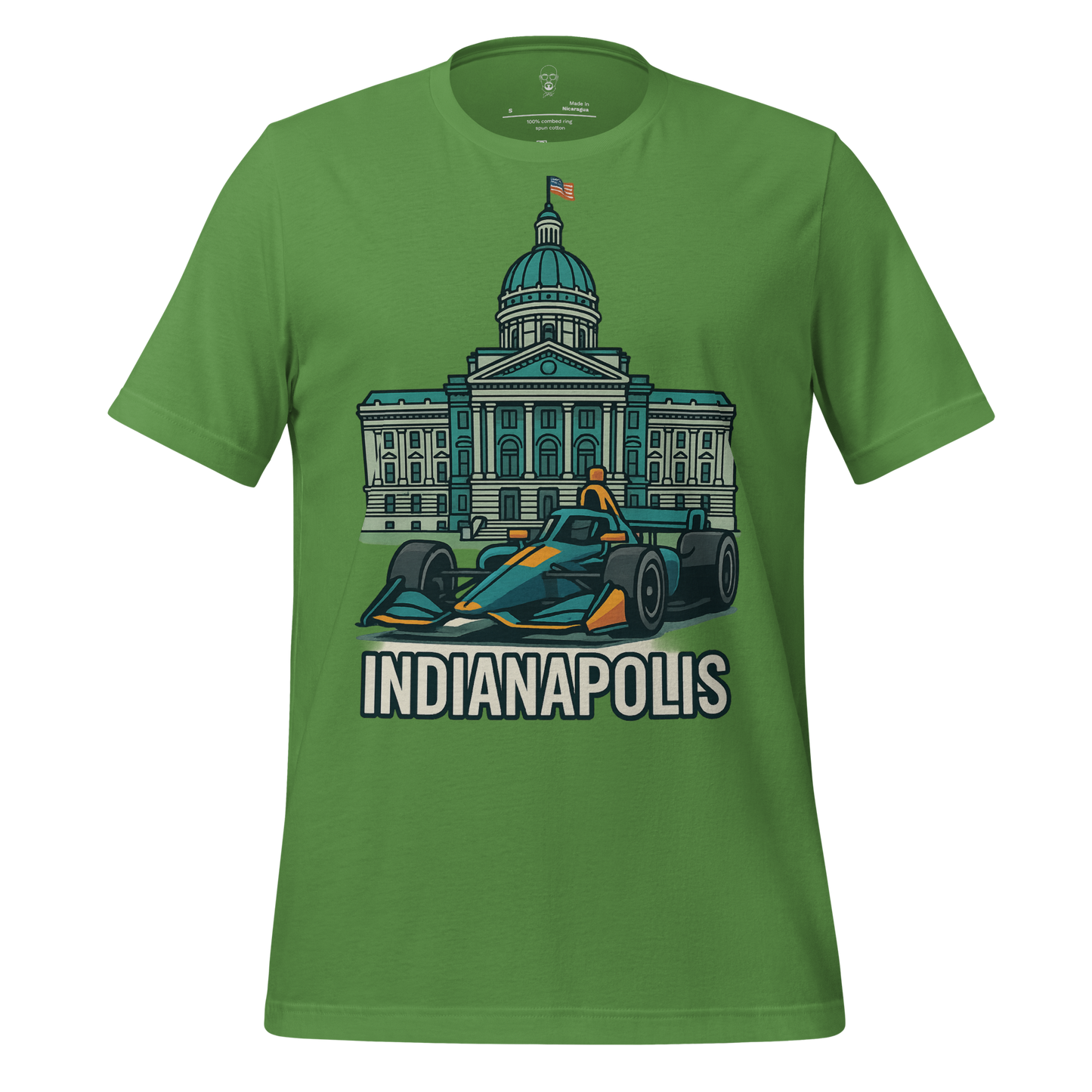 JMK Drip green Indianapolis Graphic T-Shirt with race car and city building design