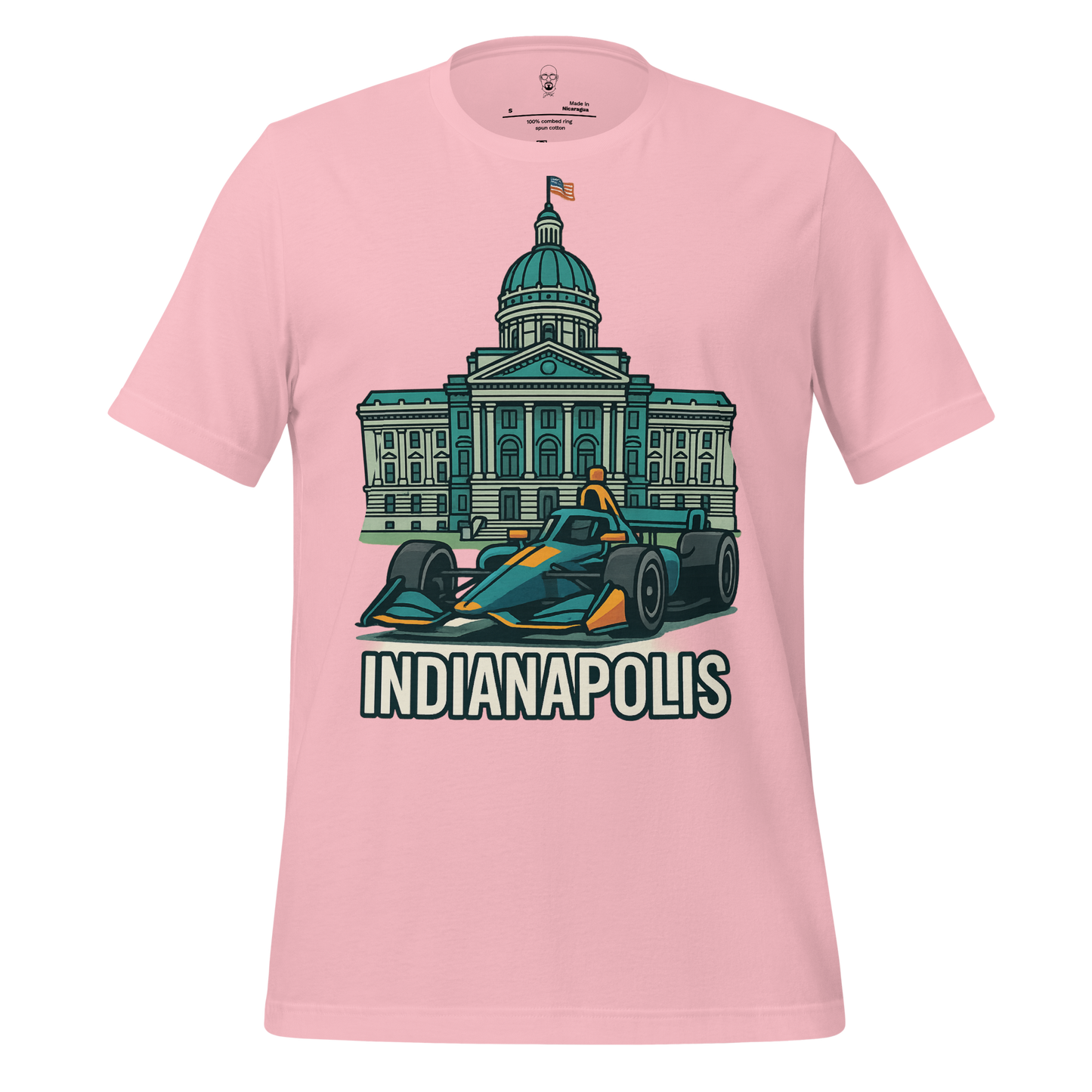 Pink Indianapolis Graphic T-Shirt with vintage race car and state capitol building design