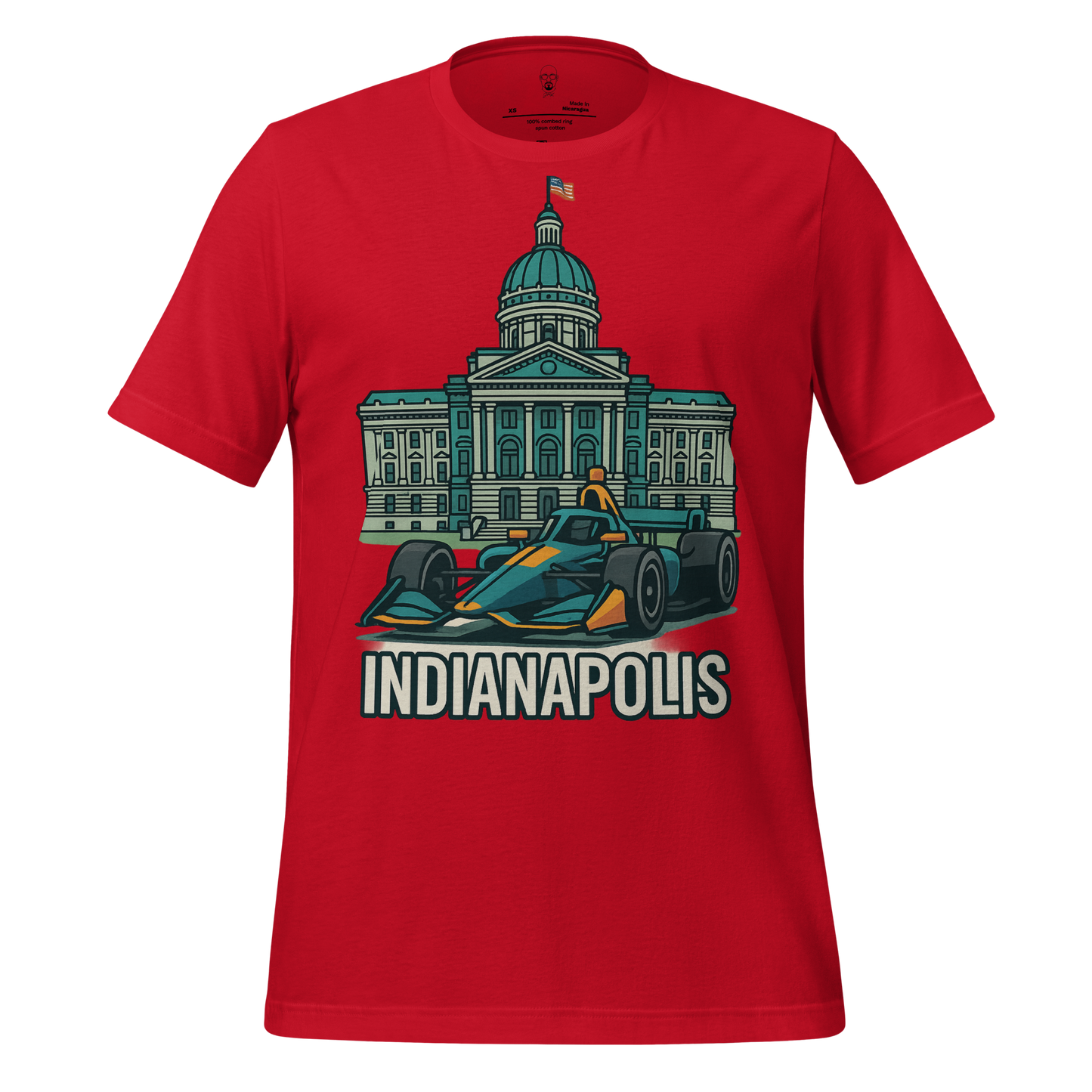 Red Indianapolis Graphic T-Shirt featuring a race car and Indianapolis city building design