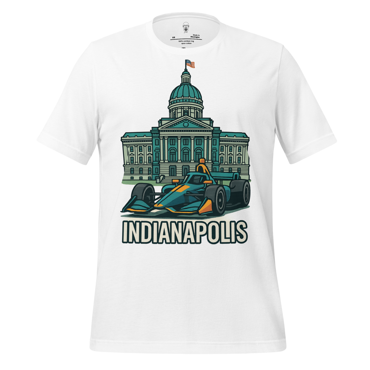 JMK Drip Indianapolis Graphic T-Shirt featuring race car and state capitol building design on white cotton
