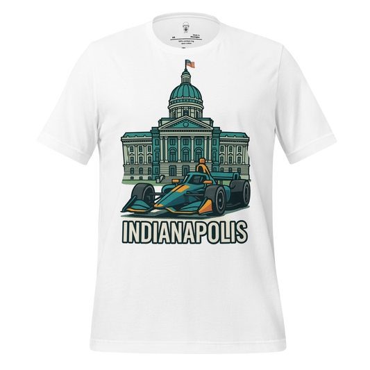 JMK Drip Indianapolis Graphic T-Shirt featuring race car and state capitol building design on white cotton