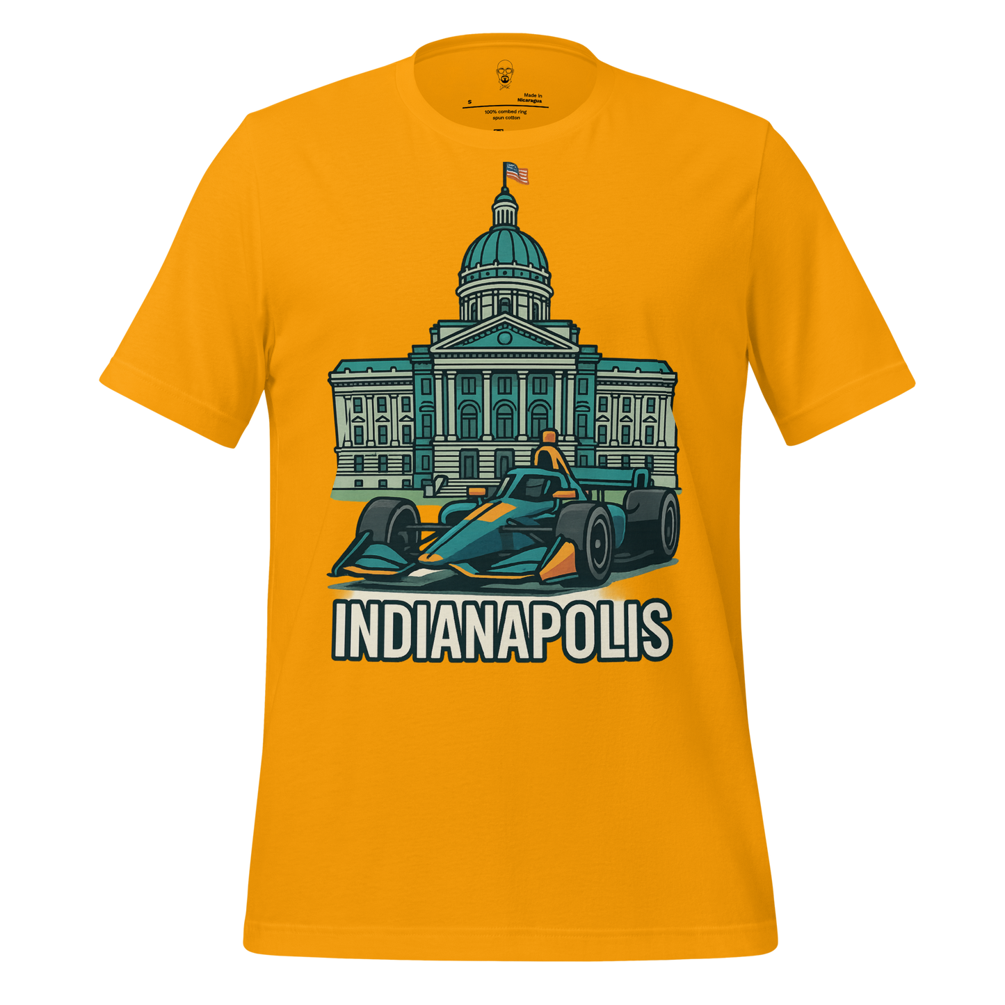 JMK Drip Indianapolis Graphic T-Shirt with race car and city building design on gold tee