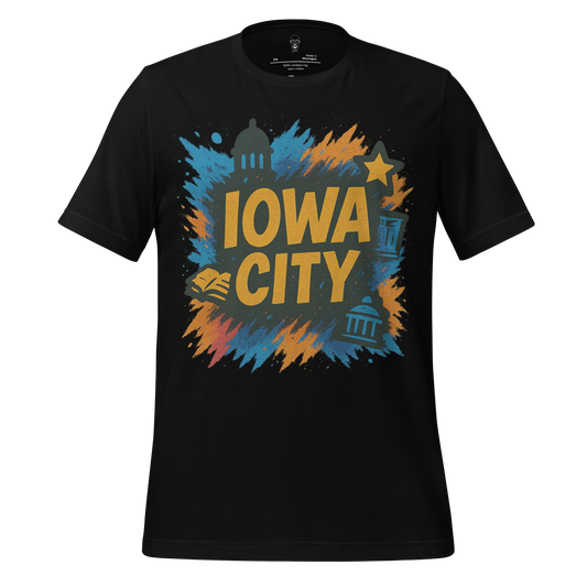 Black Iowa City Graphic T-Shirt by JMK Drip with colorful blue and orange city-themed design