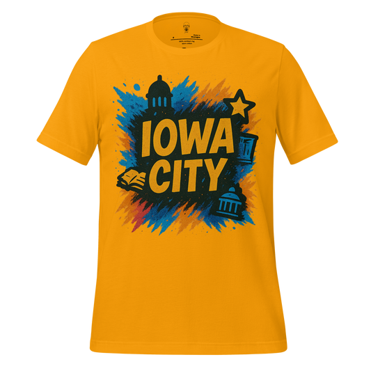 Yellow Iowa City Grapic T-Shirt with blue and black graphic design featuring city icons