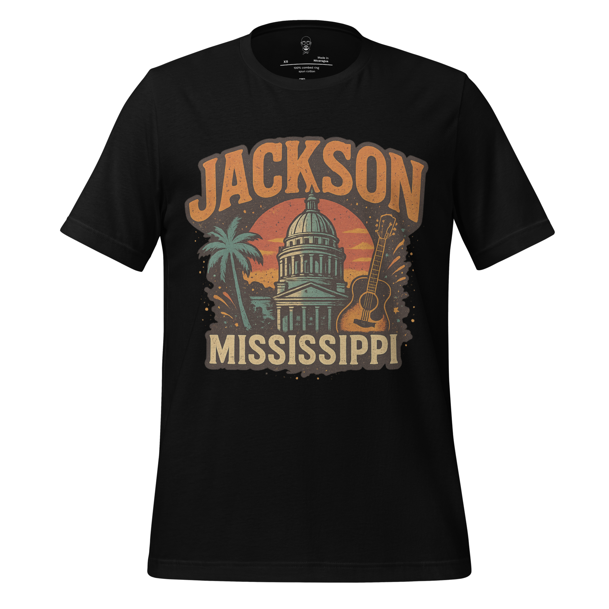 Black Jackson Graphic T-Shirt featuring Jackson Mississippi print with capitol building palm tree and guitar