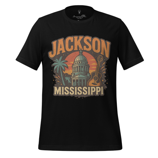 Black Jackson Graphic T-Shirt featuring Jackson Mississippi print with capitol building palm tree and guitar