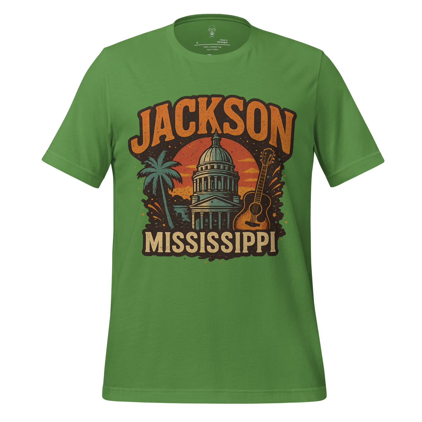 Green Jackson Graphic T-Shirt with vintage Jackson Mississippi design featuring capitol building palm tree and guitar