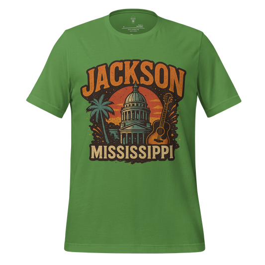 Green Jackson Graphic T-Shirt with vintage Jackson Mississippi design featuring capitol building palm tree and guitar