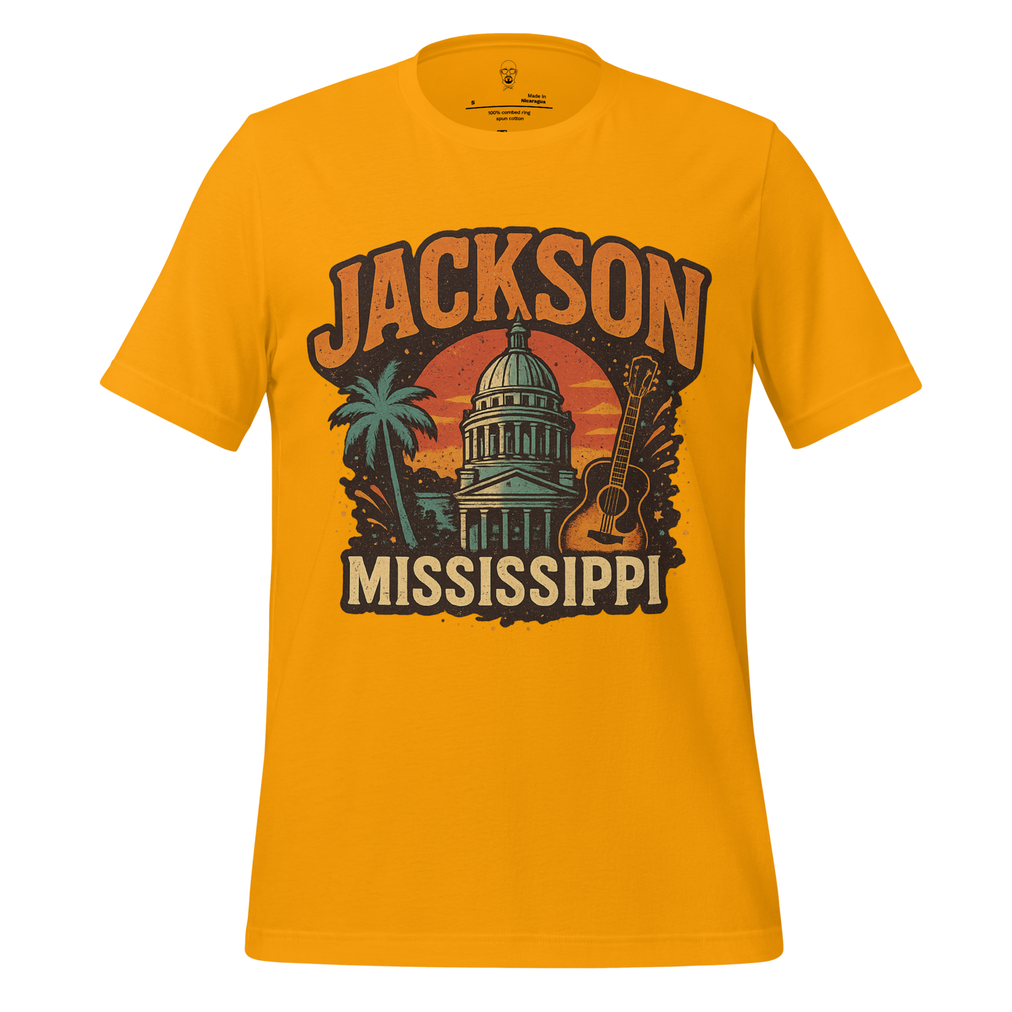 JMK Drip Jackson Graphic T-Shirt in yellow featuring Jackson Mississippi Capitol design with palm tree and guitar