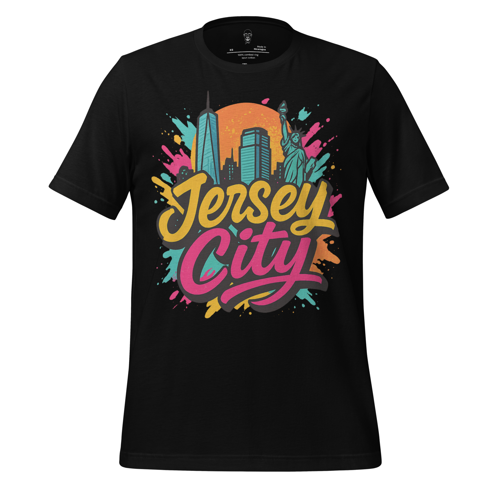 Black Jersey City Graphic T-Shirt with colorful city skyline and Statue of Liberty design