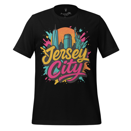 Black Jersey City Graphic T-Shirt with colorful city skyline and Statue of Liberty design