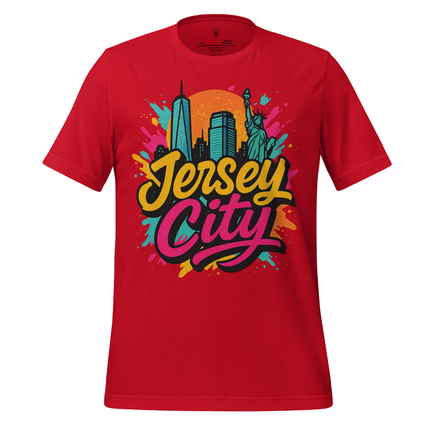 Jersey City Graphic T-Shirt in red with colorful city skyline and Statue of Liberty design