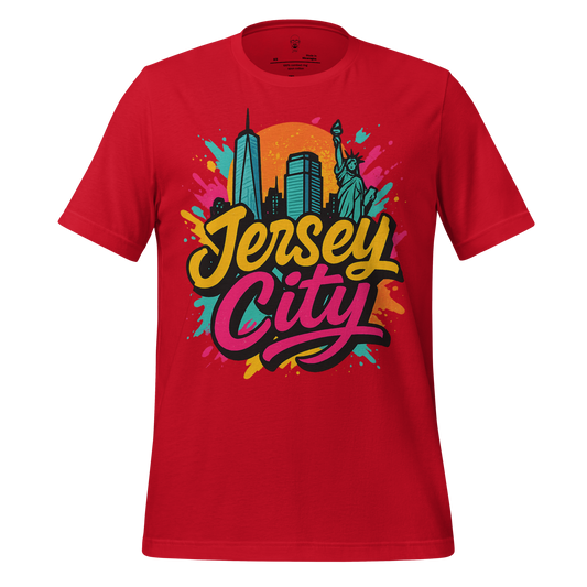 Jersey City Graphic T-Shirt in red with colorful city skyline and Statue of Liberty design