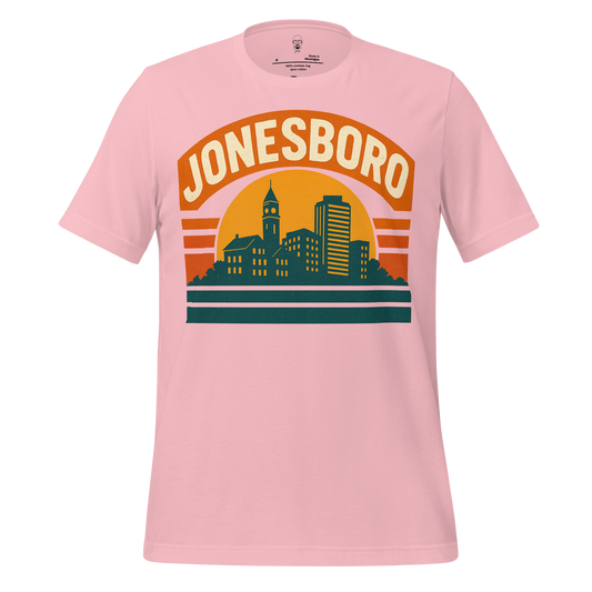 Pink Jonesboro Graphic T-Shirt featuring city skyline and retro sun design