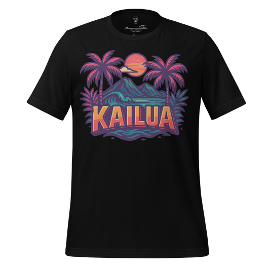 Black Kailua Graphic T-Shirt by JMK Drip featuring colorful tropical palm trees and sunset design