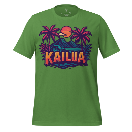 Green Kailua Graphic T-Shirt by JMK Drip with tropical palm trees and sunset design